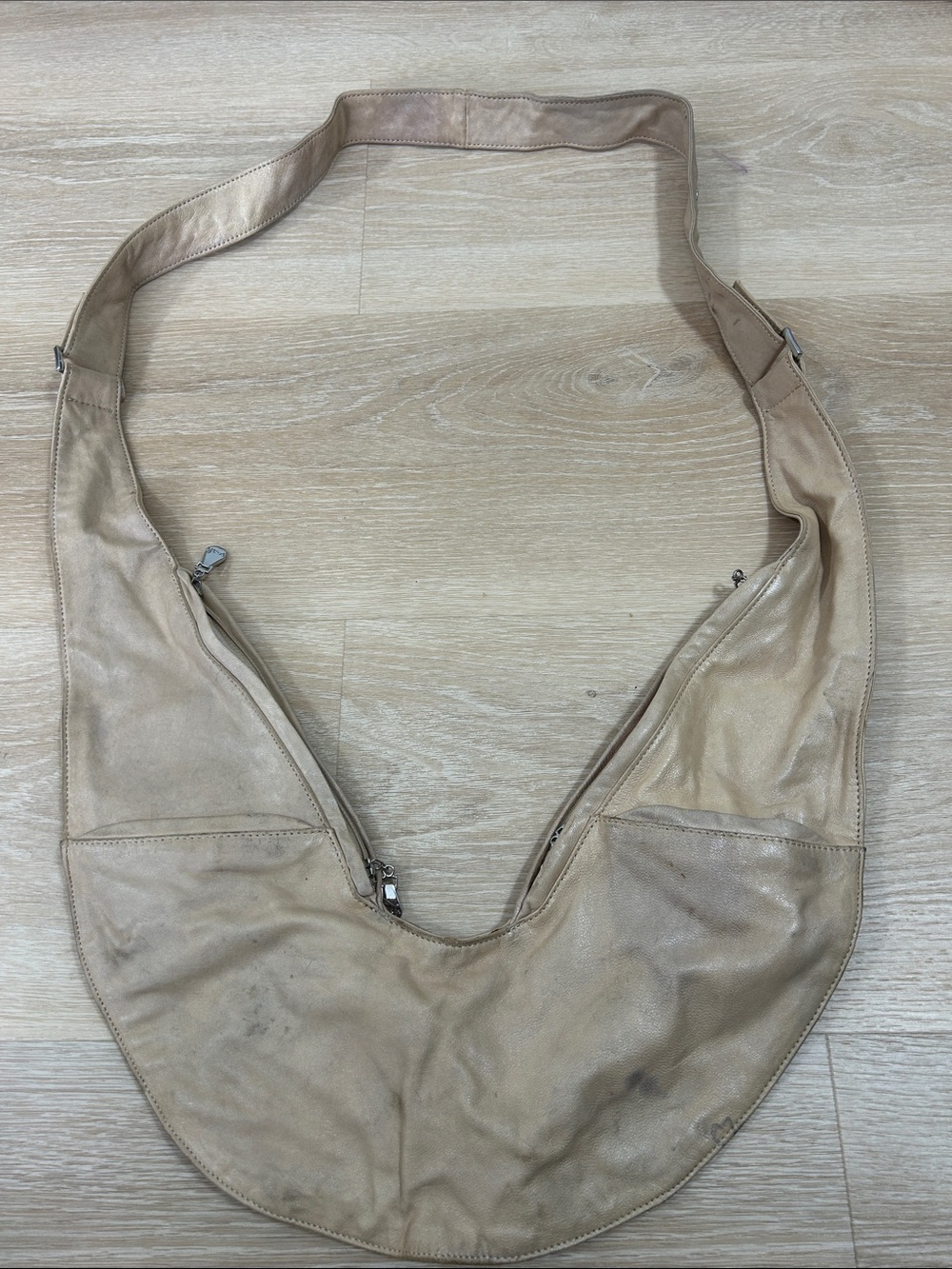 Beige Leather Crescent Shoulder Bag – Neutral Everyday Carry